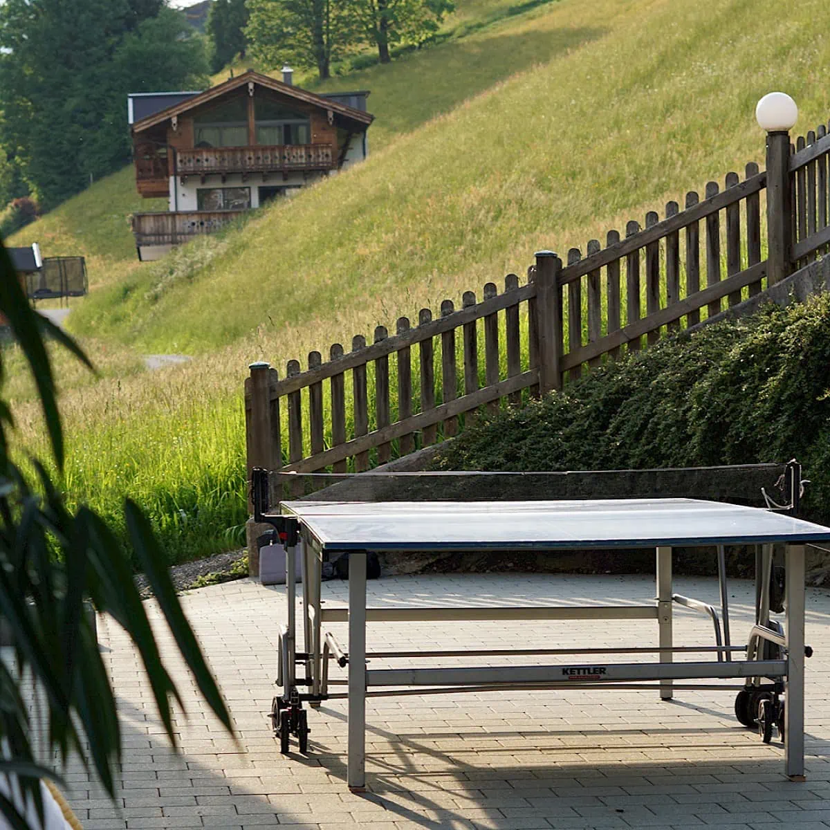 Aussicht auf Wiese und Tischtennisplatte | Zirmhof Apartments